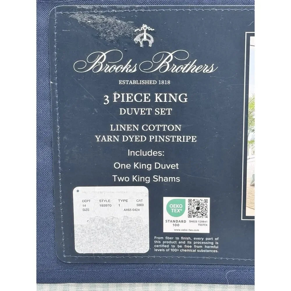 Brooks Brothers King Light Blue White Pinstripe Cotton Linen Duvet Cover Set